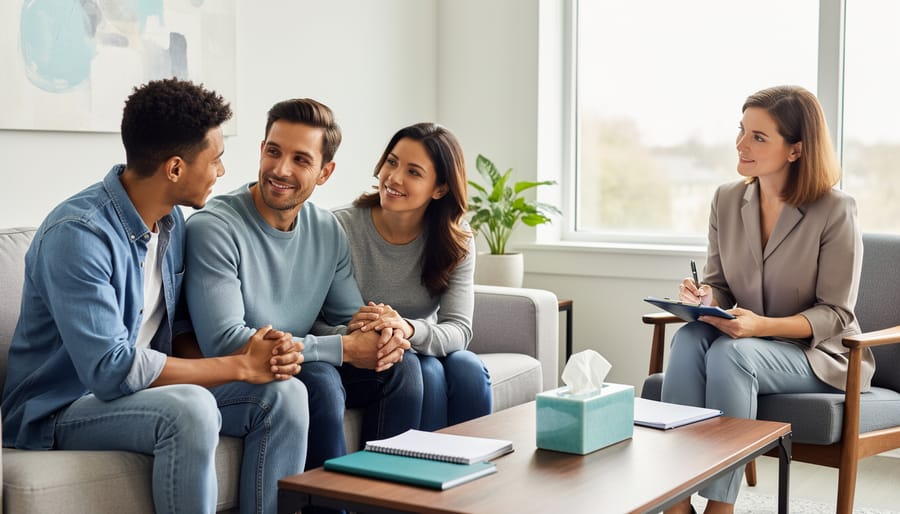 Military family embracing in supportive moment at home
