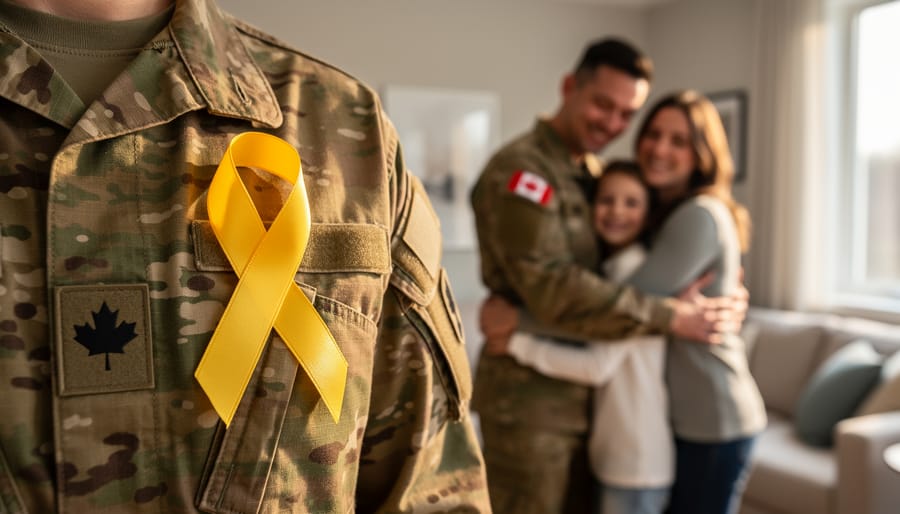 Yellow support ribbon tied around tree with Canadian flag in background