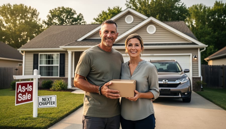 Veteran couple smiling with moving boxes in new home after successful as-is property sale