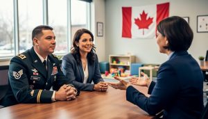 Canadian Armed Forces member in uniform and spouse meet with a financial counselor at a table in a bright community office, soft daylight, supportive expressions, with a blurred Canadian flag and play area in the background.