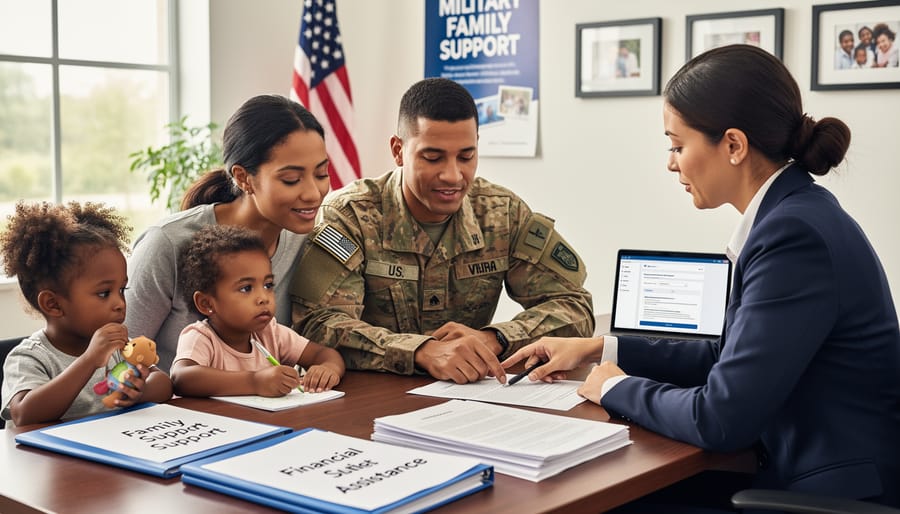 Military family reviewing financial documents together at home in supportive atmosphere