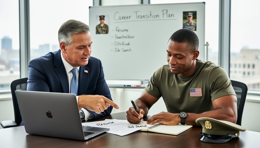 Mentor assisting a veteran with career planning at a desk in a professional setting.