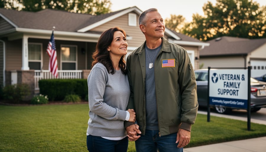 Veteran and spouse standing together outdoors in warm evening light, symbolizing ongoing support for military families.