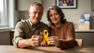 A Canadian veteran and their spouse seated at a kitchen table holding a yellow ribbon symbol of veteran support and family services.