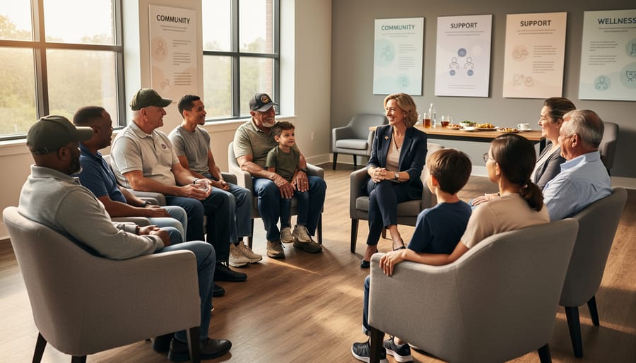 Veterans and family members meeting in a bright community room for peer support and counseling.