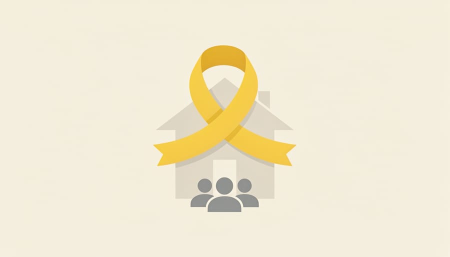 Yellow ribbon on a door handle in a home entryway symbolizing ongoing support for veterans.