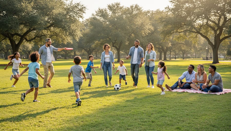 Military families playing an outdoor soccer game at a community recreation day