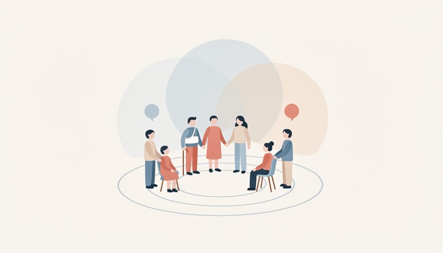 Facilitator offering a comforting shoulder touch in a quiet support group setting