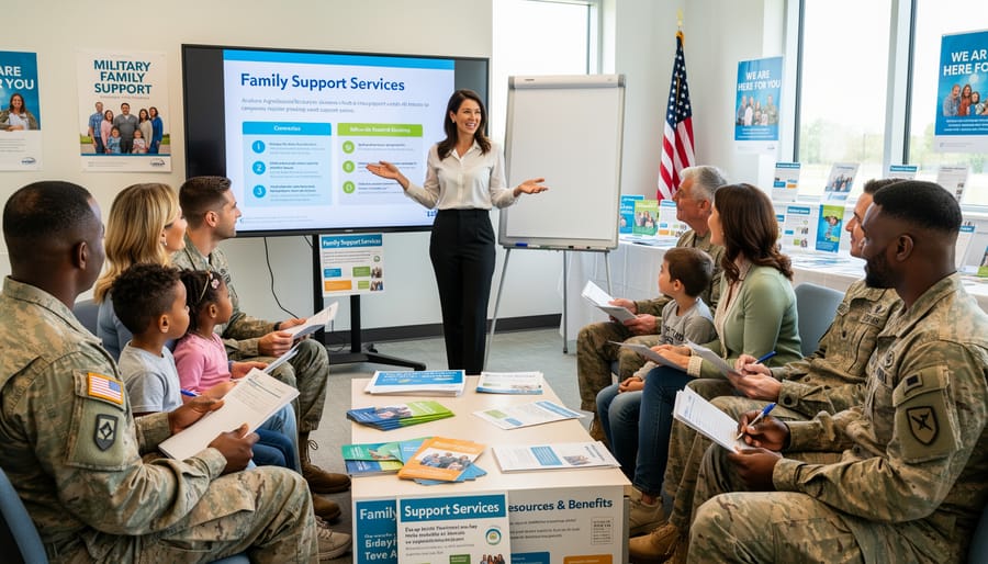 Family listening to a community outreach presentation with brochures and a folder