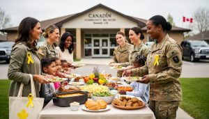 Military spouses and children gathered at a neighbourhood potluck table with a yellow ribbon symbolizing community support for Canadian Armed Forces families.
