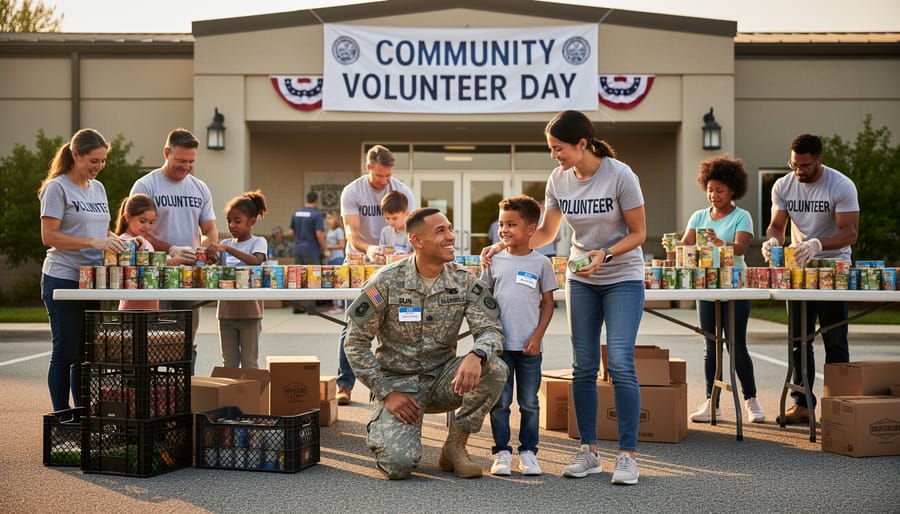Military family volunteering to pack food donation bags at a community table