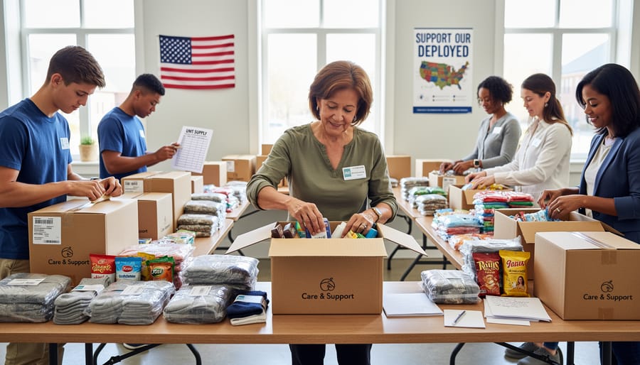 Volunteers packing care package boxes with assorted essential items on a community table