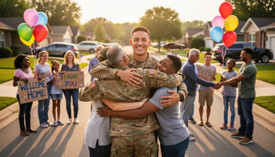 Returning service member embraced by family and friends at a welcome home gathering