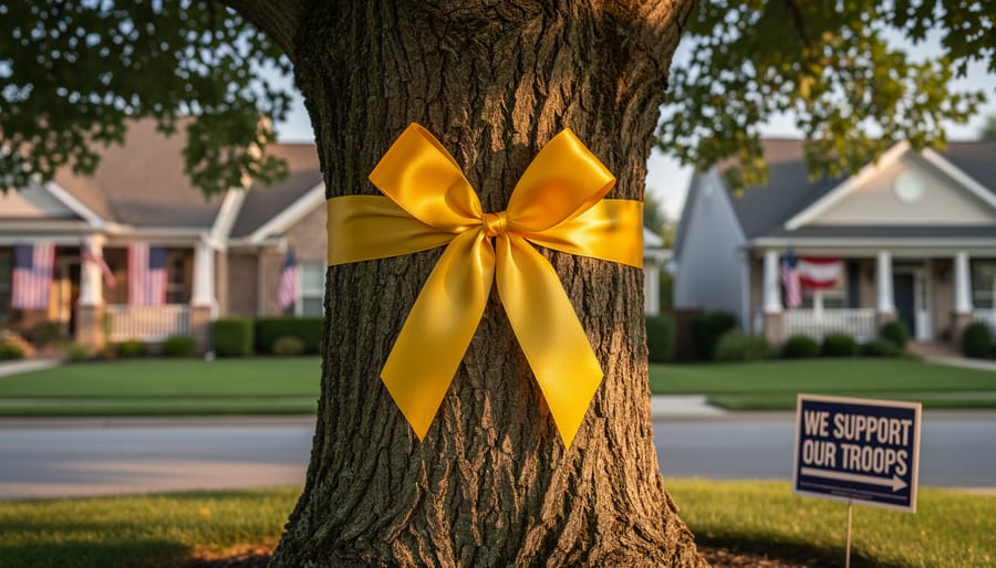 Yellow ribbon tied to a wooden fence post with a blurred community background