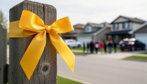 Yellow ribbon tied to a wooden fence post in a residential neighborhood, with a softly blurred community gathering in the background.