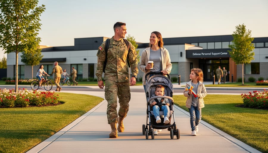 Canadian Armed Forces family walking together on a military base walkway at golden hour