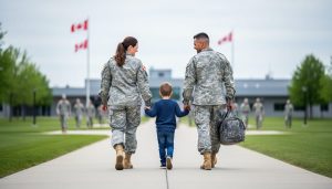 Canadian military family walking along a base walkway with uniformed personnel and base buildings softly blurred in the background.